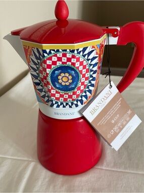 NEW Brandani Red 9-Cup Moka Pot with Decorative Mediterranean Pattern